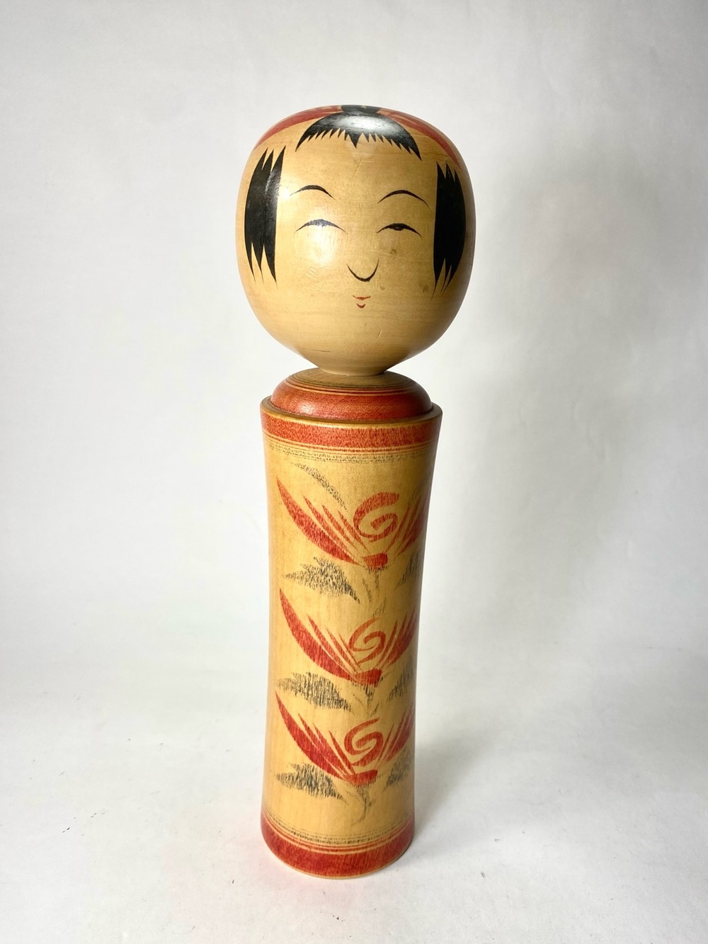 9 1/2" Vintage Japanese Kokeshi Doll Hand-painted Red Black Floral Design